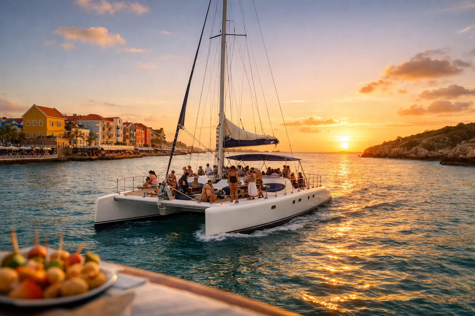 Crucero catamarán al atardecer en Curazao